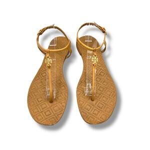 Tory Burch Marion Quilted Nude Leather Sandal Gold Logo Minimal Chic